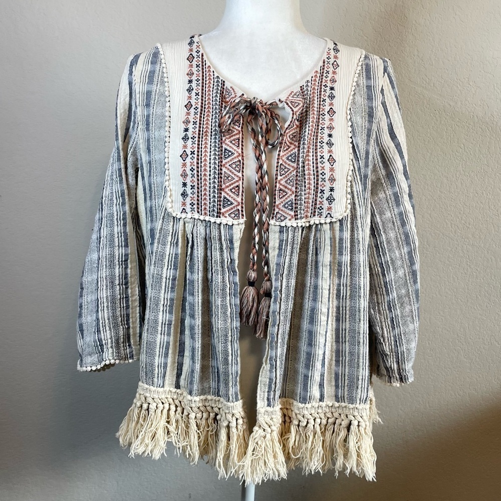Knox Rose Boho Embroidered Fringe Tie Front Kimono Topper Size XXL